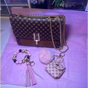 Crossbody purse with coordinating beaded wristlet and coin purse keychain